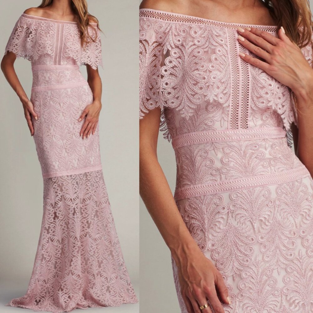NWT Tadashi Shoji Peni Banded Embroidered Tulle Gown Dress Rose Quartz size 2